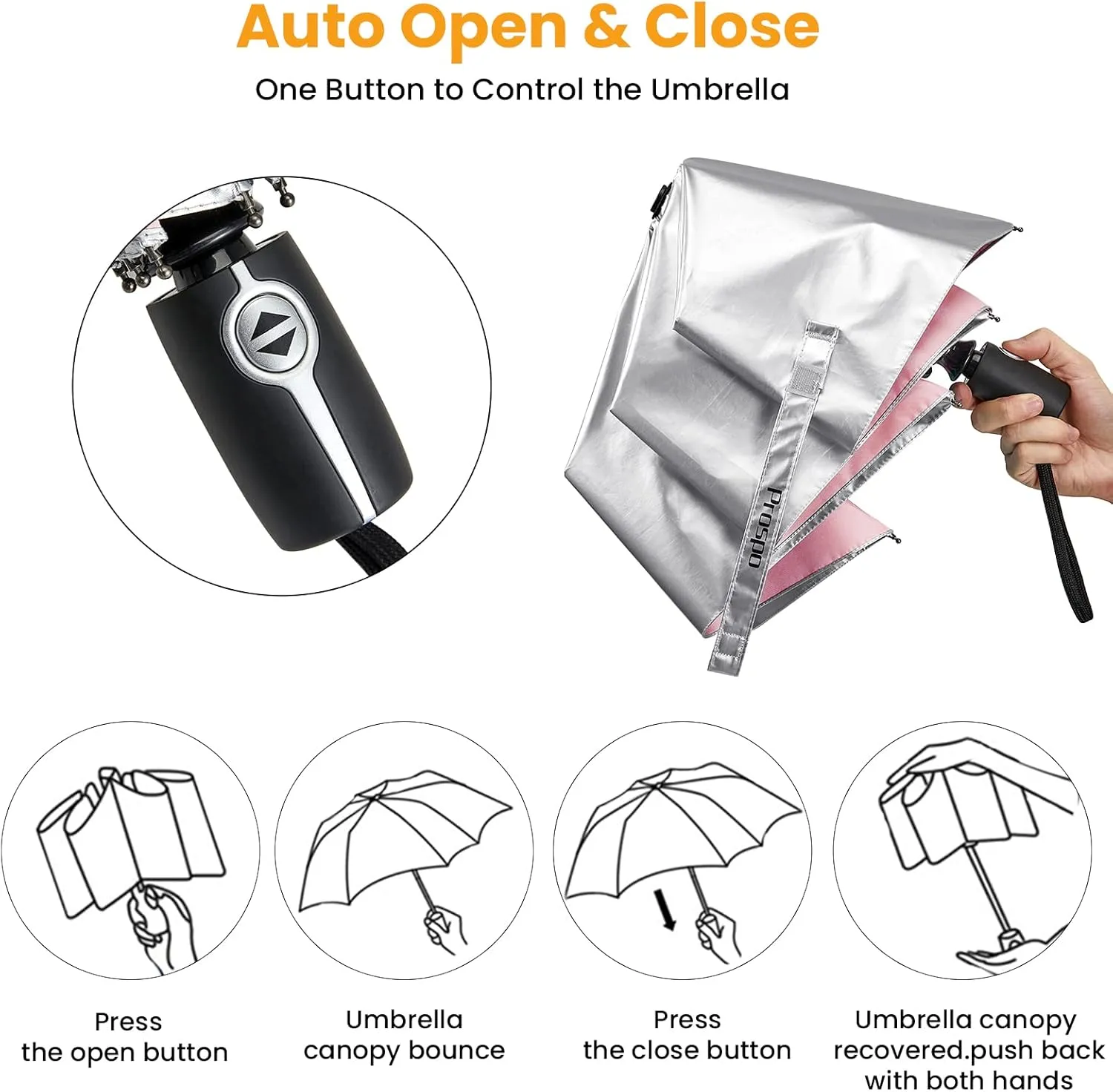 Prospo UPF 50  UV Protection Umbrella for Sun & Rain, Large Compact Travel Umbrella Windproof, 46 Inch Auto Open Close Sun Blocking for Women Men