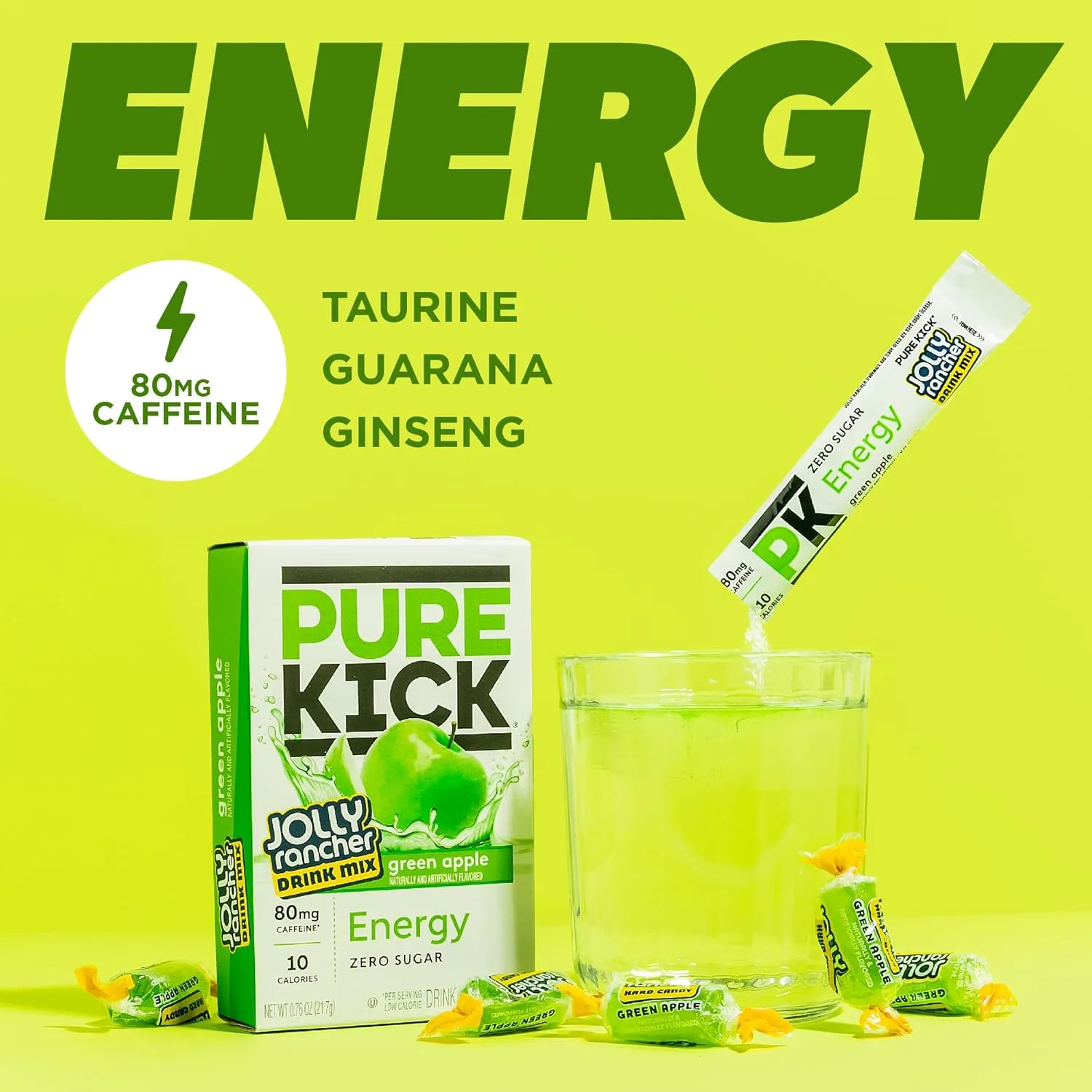 PURE KICK Energy Singles To Go Drink Mix, Jolly Rancher Green Apple, Includes 12 Boxes with 6 Packets in each Box, 72 Total Packets