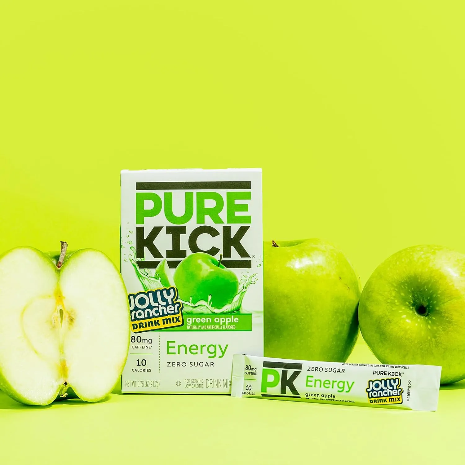 PURE KICK Energy Singles To Go Drink Mix, Jolly Rancher Green Apple, Includes 12 Boxes with 6 Packets in each Box, 72 Total Packets