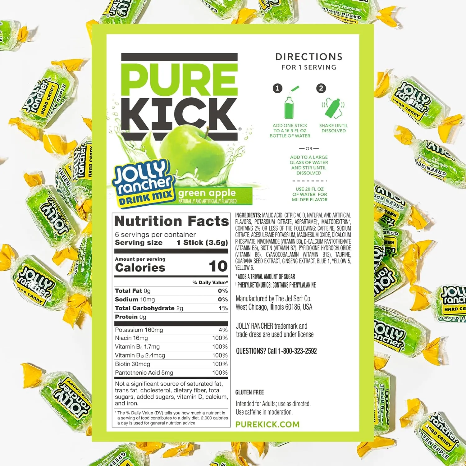 PURE KICK Energy Singles To Go Drink Mix, Jolly Rancher Green Apple, Includes 12 Boxes with 6 Packets in each Box, 72 Total Packets