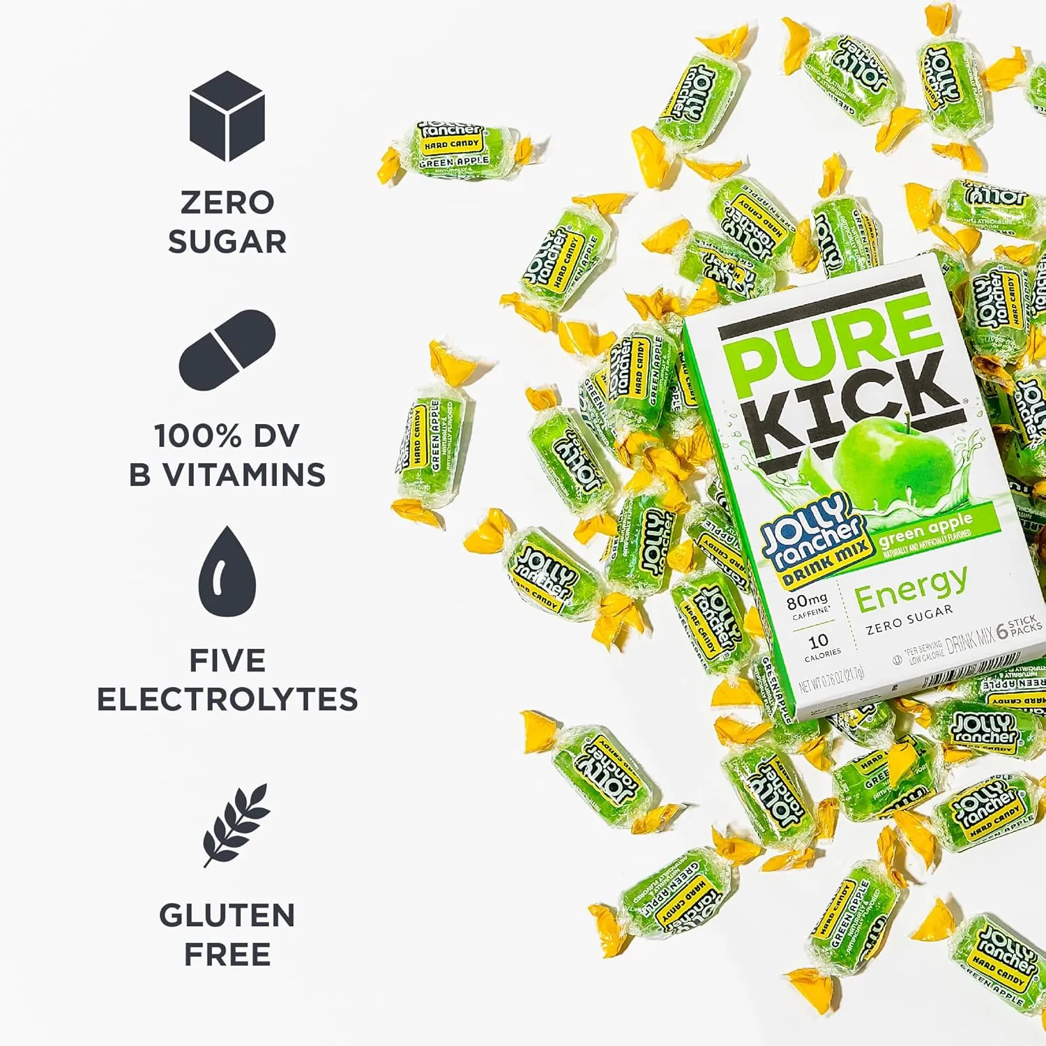 PURE KICK Energy Singles To Go Drink Mix, Jolly Rancher Green Apple, Includes 12 Boxes with 6 Packets in each Box, 72 Total Packets