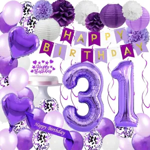 Purple 31st Birthday Decorations Set - Happy Birthday Banner, Sash, Cake Topper, Number 31, Confetti, Latex Balloons, Paper Lanterns