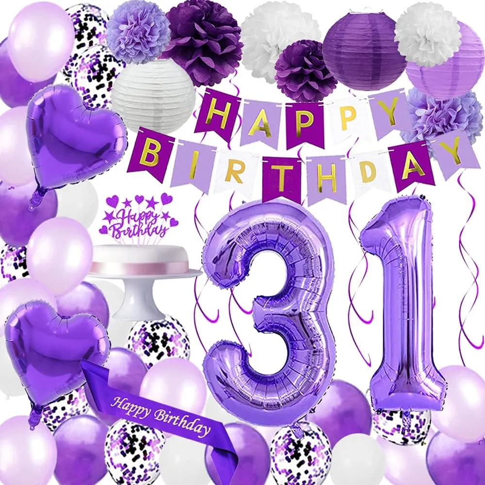 Purple 31st Birthday Decorations Set - Happy Birthday Banner, Sash, Cake Topper, Number 31, Confetti, Latex Balloons, Paper Lanterns