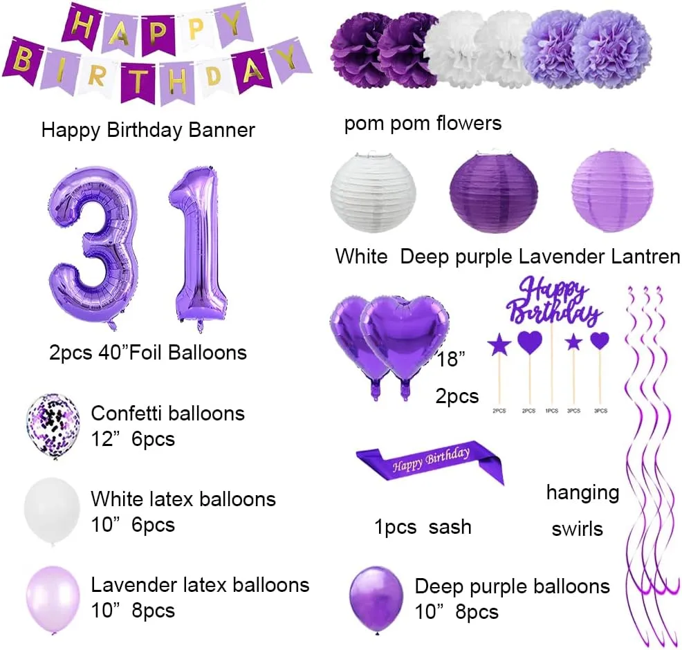 Purple 31st Birthday Decorations Set - Happy Birthday Banner, Sash, Cake Topper, Number 31, Confetti, Latex Balloons, Paper Lanterns