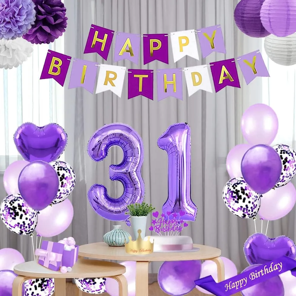 Purple 31st Birthday Decorations Set - Happy Birthday Banner, Sash, Cake Topper, Number 31, Confetti, Latex Balloons, Paper Lanterns