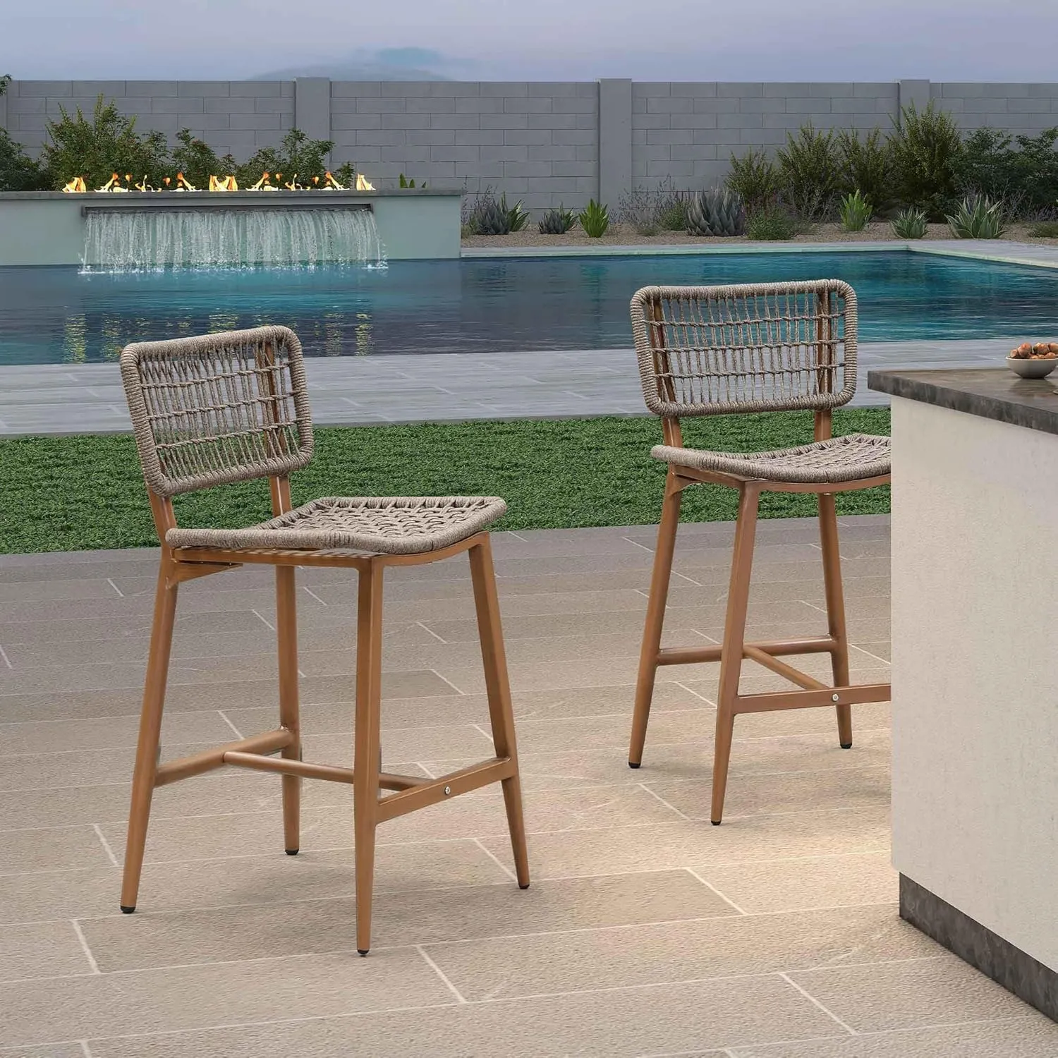 PURPLE LEAF Patio Counter Height Bar Stools Set of 2 Metal Bar Chairs with Back Wicker Woven Stools for Kitchen Island Pool Garden Outdoor Barstools Teak