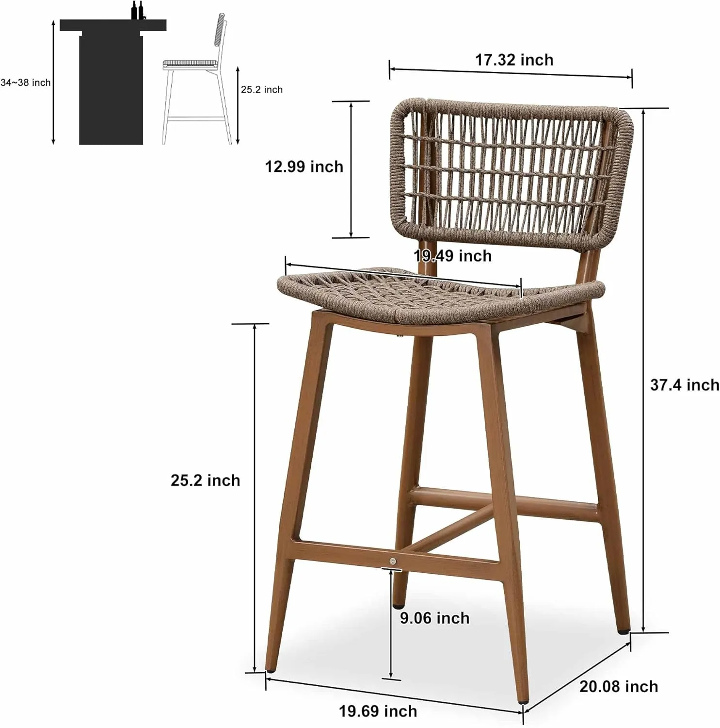PURPLE LEAF Patio Counter Height Bar Stools Set of 2 Metal Bar Chairs with Back Wicker Woven Stools for Kitchen Island Pool Garden Outdoor Barstools Teak