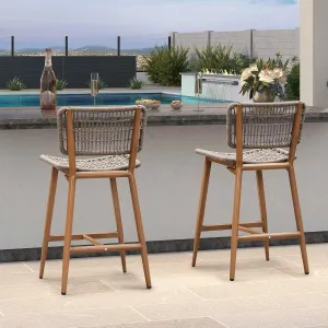 PURPLE LEAF Patio Counter Height Bar Stools Set of 2 Metal Bar Chairs with Back Wicker Woven Stools for Kitchen Island Pool Garden Outdoor Barstools Teak
