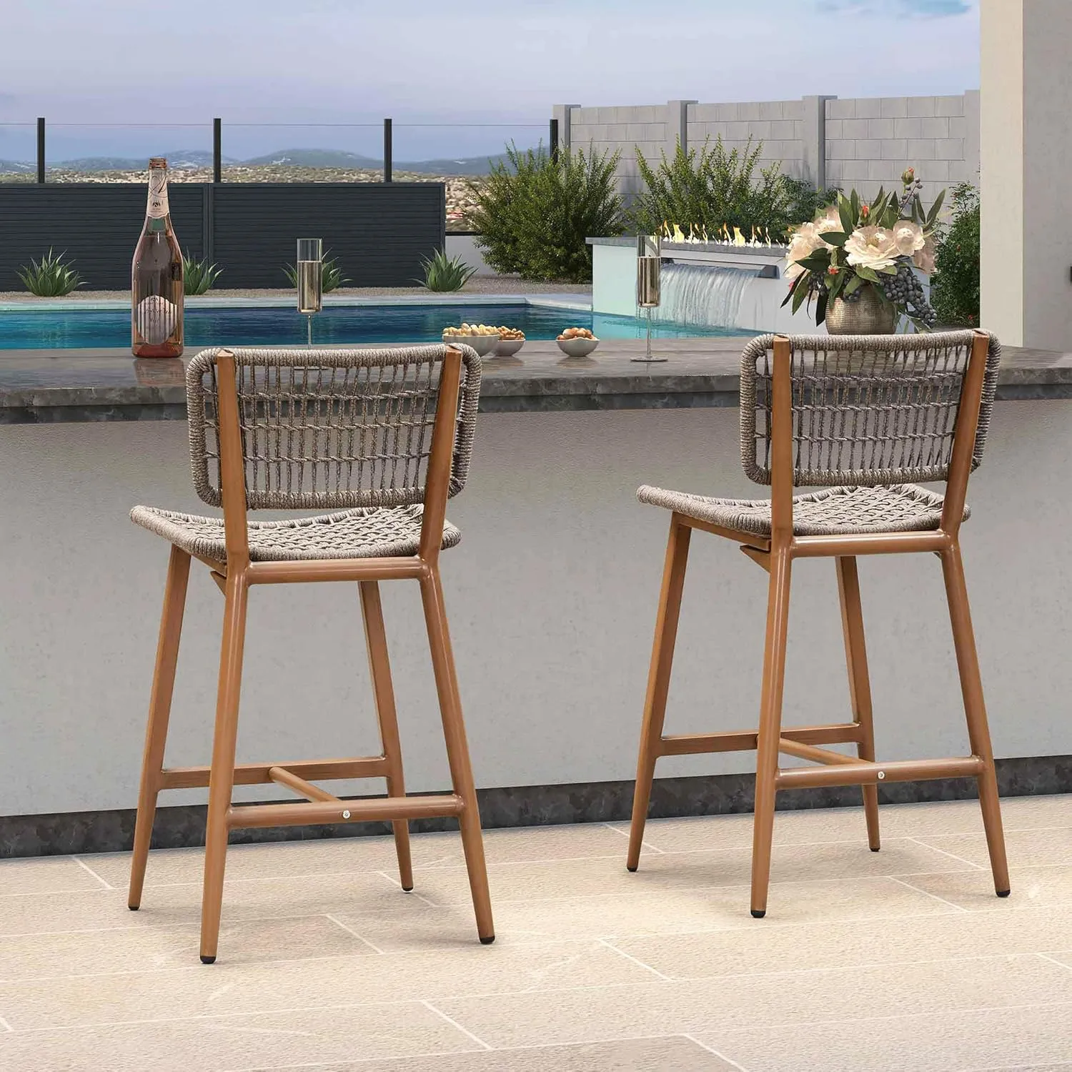 PURPLE LEAF Patio Counter Height Bar Stools Set of 2 Metal Bar Chairs with Back Wicker Woven Stools for Kitchen Island Pool Garden Outdoor Barstools Teak