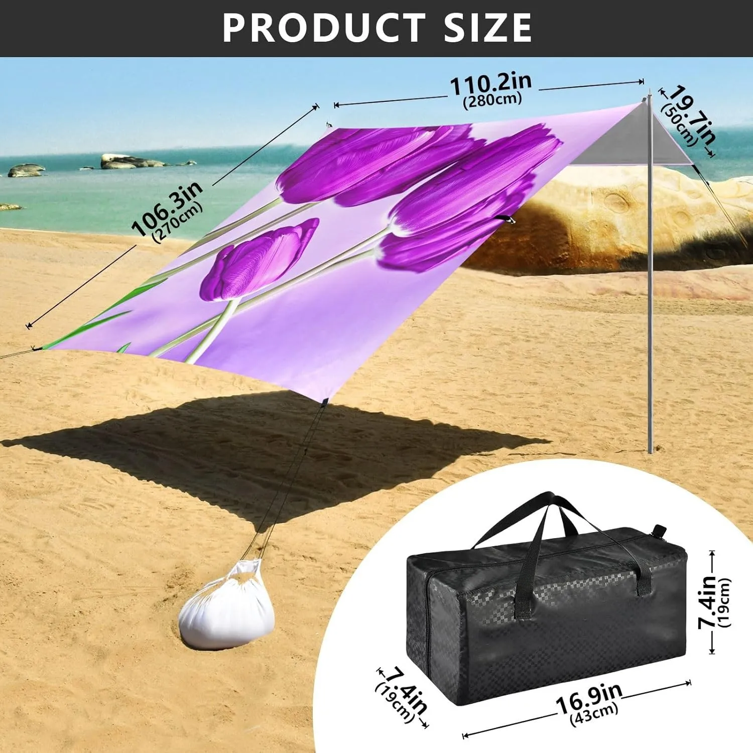 Purple Tulips Light Purple Vibrant Beach Canopy Tent Outdoor Sun Shade Patio Aesthetic Camping Sun Shelter 9.2 × 10.5 FT Windproof with Sand Anchor Poles