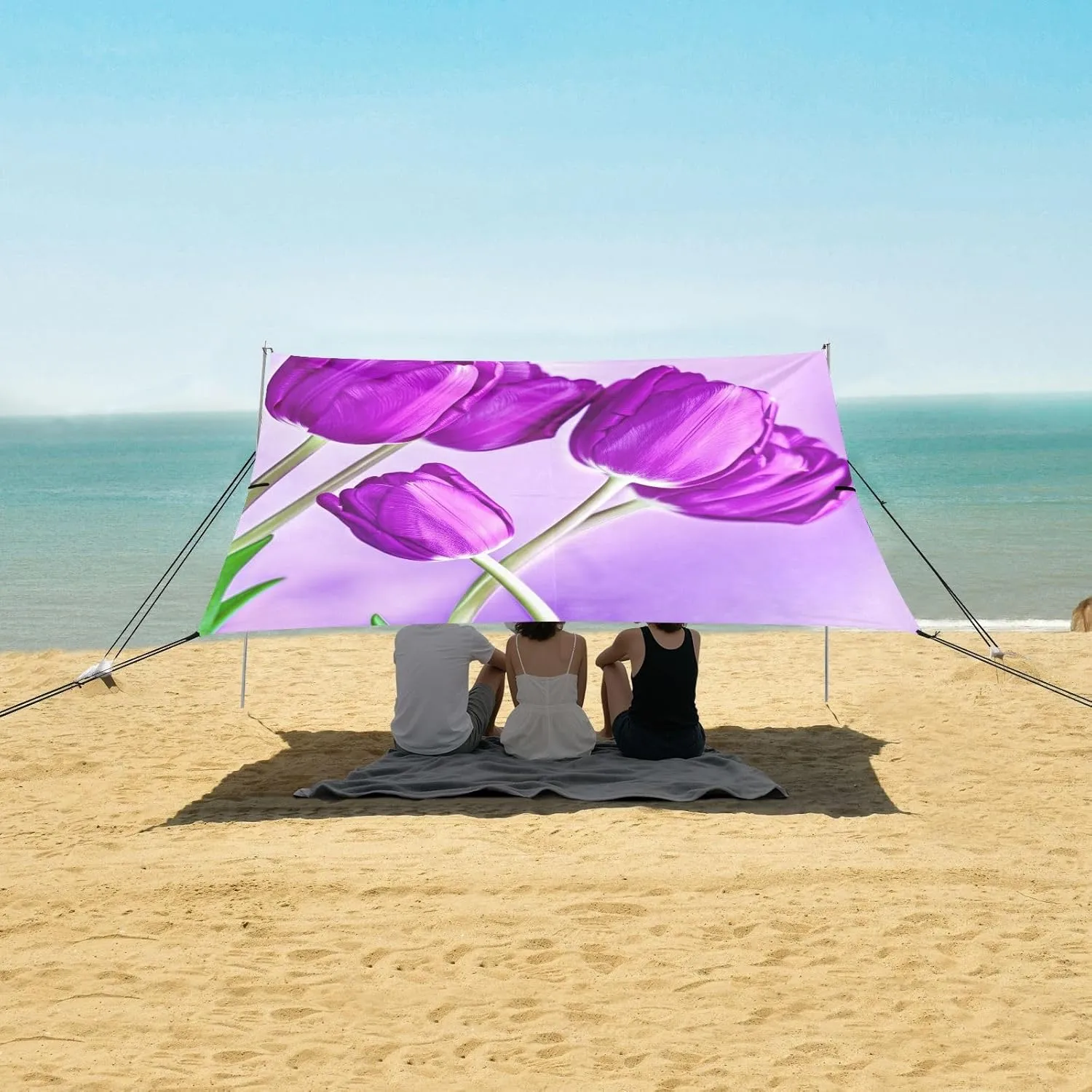 Purple Tulips Light Purple Vibrant Beach Canopy Tent Outdoor Sun Shade Patio Aesthetic Camping Sun Shelter 9.2 × 10.5 FT Windproof with Sand Anchor Poles