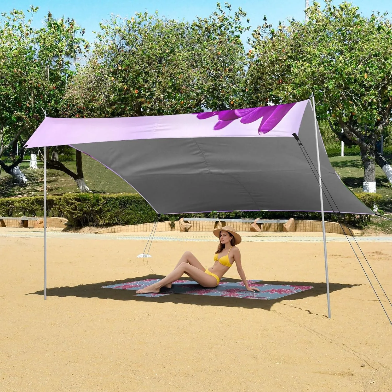 Purple Tulips Light Purple Vibrant Beach Canopy Tent Outdoor Sun Shade Patio Aesthetic Camping Sun Shelter 9.2 × 10.5 FT Windproof with Sand Anchor Poles