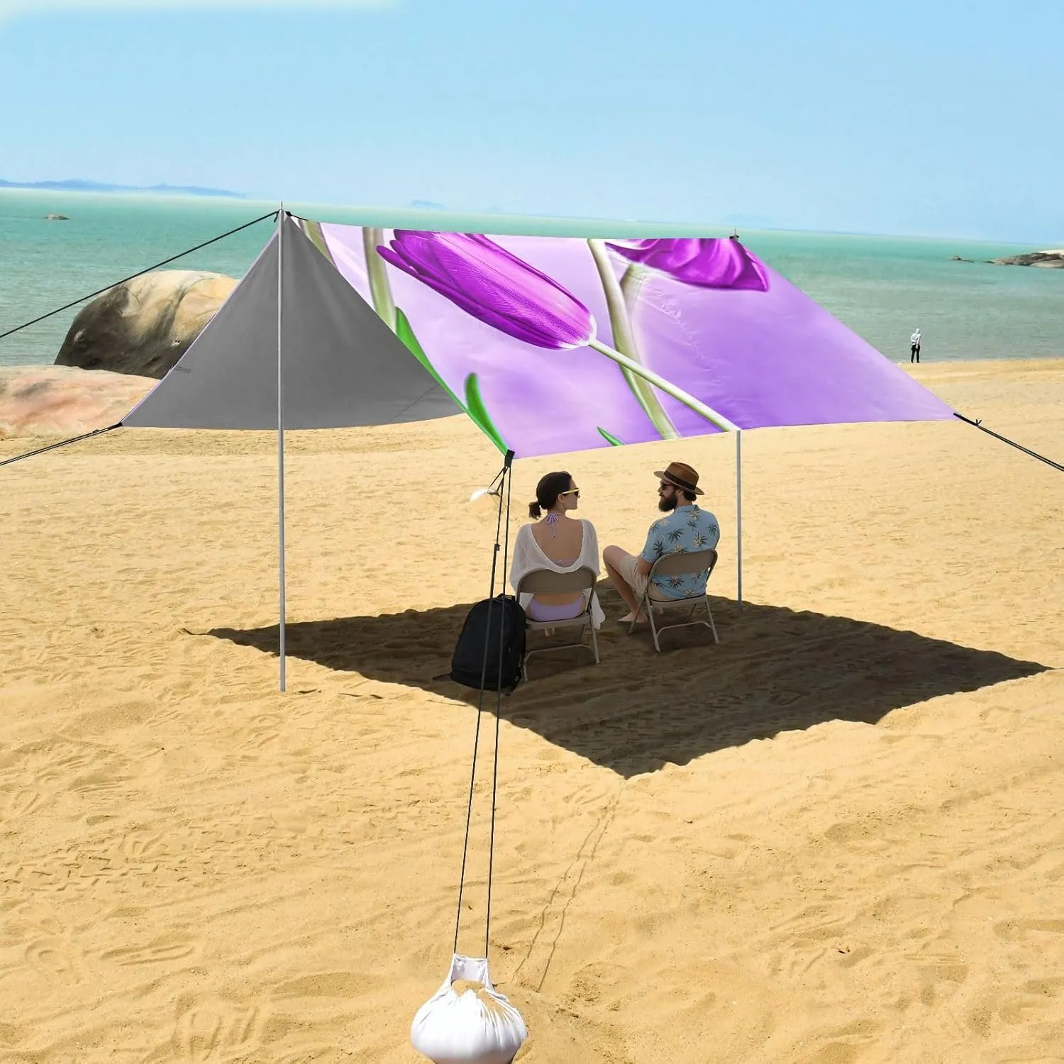 Purple Tulips Light Purple Vibrant Beach Canopy Tent Outdoor Sun Shade Patio Aesthetic Camping Sun Shelter 9.2 × 10.5 FT Windproof with Sand Anchor Poles