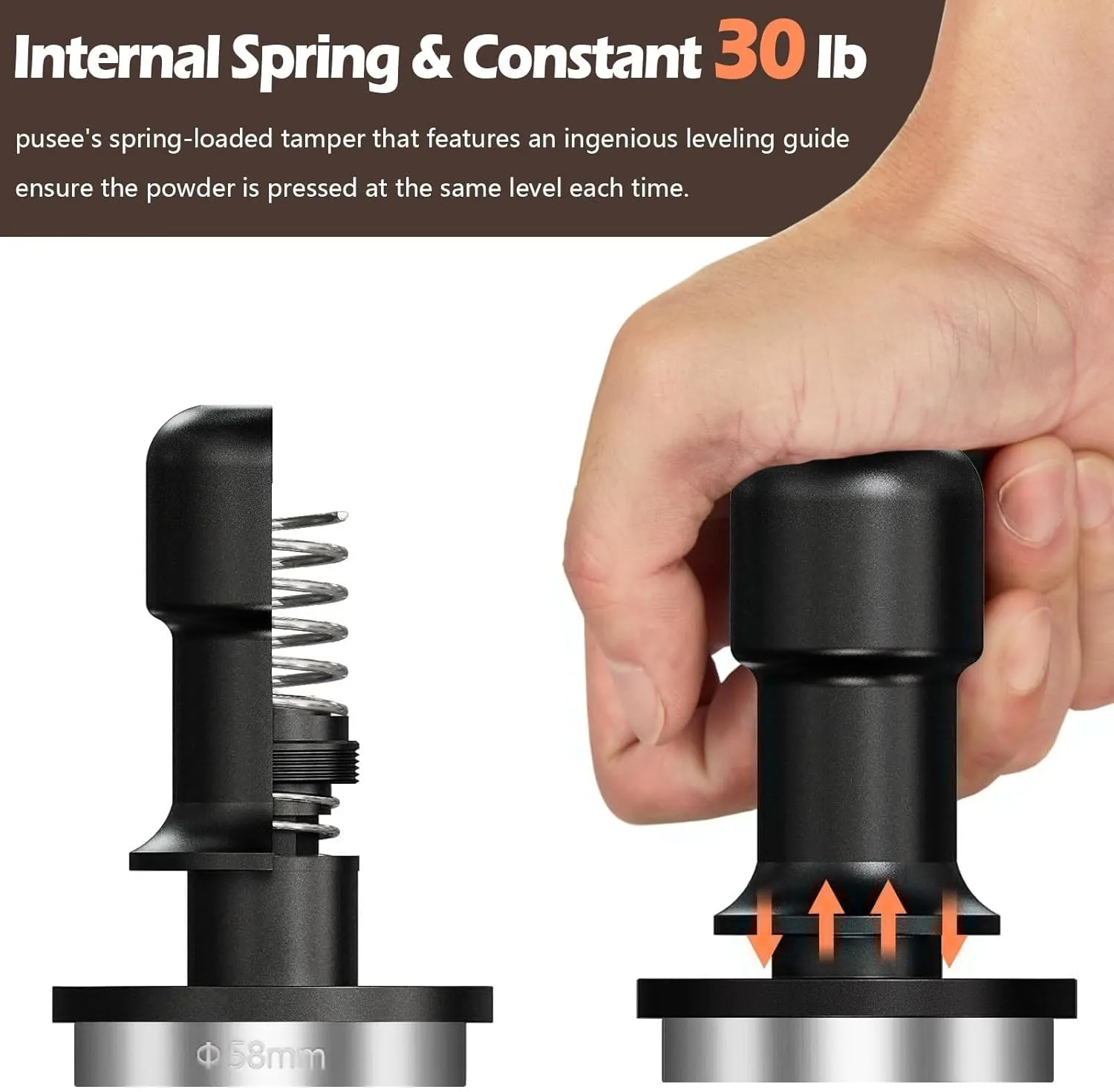 PUSEE 58mm Espresso Coffee Tamper, Premium Calibrated 30lb Stainless Steel Ground Tamper with Spring Loaded for Barista Home Coffee Accessories Upgrade 3.0