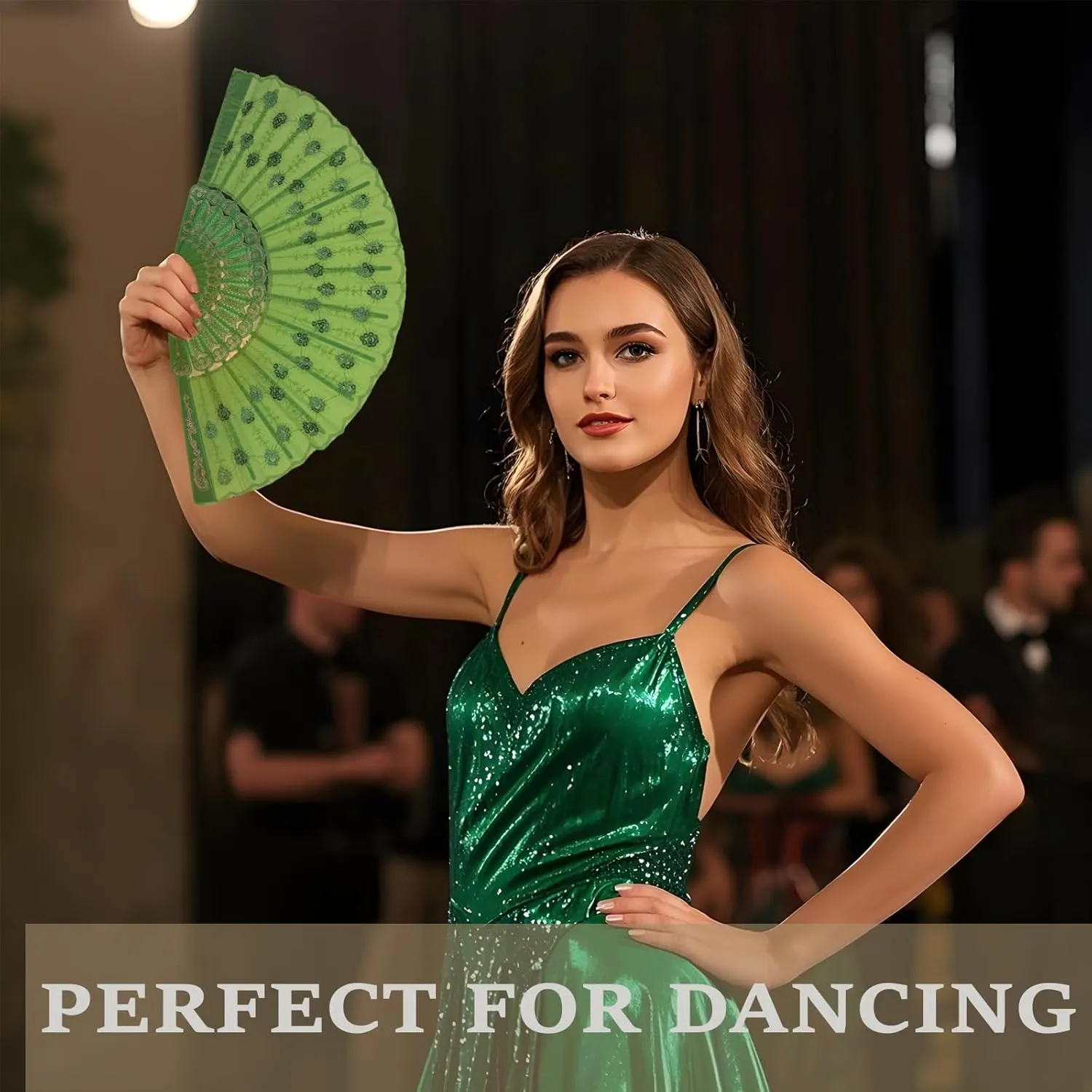 QIRMIZI 50 Pcs Party Wedding Fans – Handheld Spanish Hand Fans for Women – Foldable Bulk for Church, Dancing, Music Festivals, Carnivals, EDM Events Decor,Green