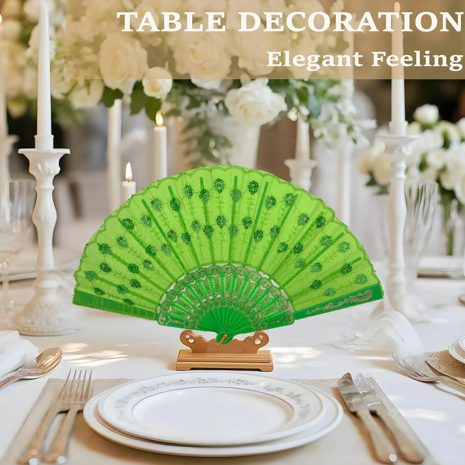 QIRMIZI 50 Pcs Party Wedding Fans – Handheld Spanish Hand Fans for Women – Foldable Bulk for Church, Dancing, Music Festivals, Carnivals, EDM Events Decor,Green