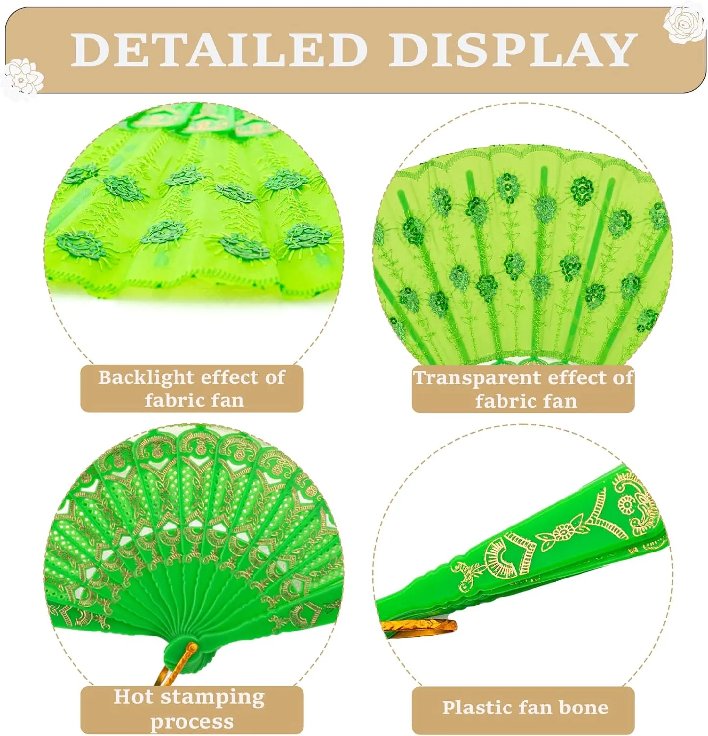 QIRMIZI 50 Pcs Party Wedding Fans – Handheld Spanish Hand Fans for Women – Foldable Bulk for Church, Dancing, Music Festivals, Carnivals, EDM Events Decor,Green