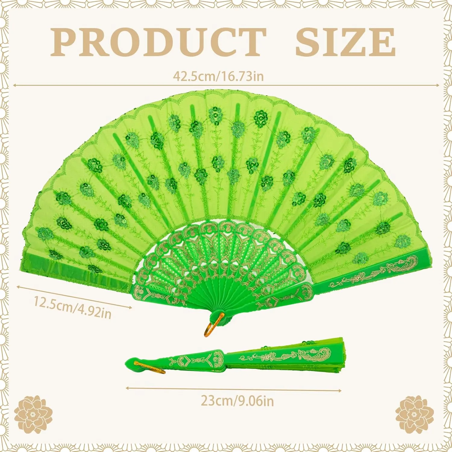 QIRMIZI 50 Pcs Party Wedding Fans – Handheld Spanish Hand Fans for Women – Foldable Bulk for Church, Dancing, Music Festivals, Carnivals, EDM Events Decor,Green