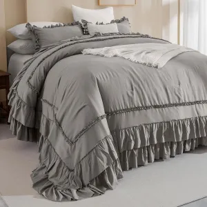 QSH Grey Oversized King Comforter Set 120x120, Farmhouse Ruffled Bed Comforter Gray French Country Rustic Vintage Comforter Microfiber Soft Lightweight Fluffy Shabby Bedding 3 PCs