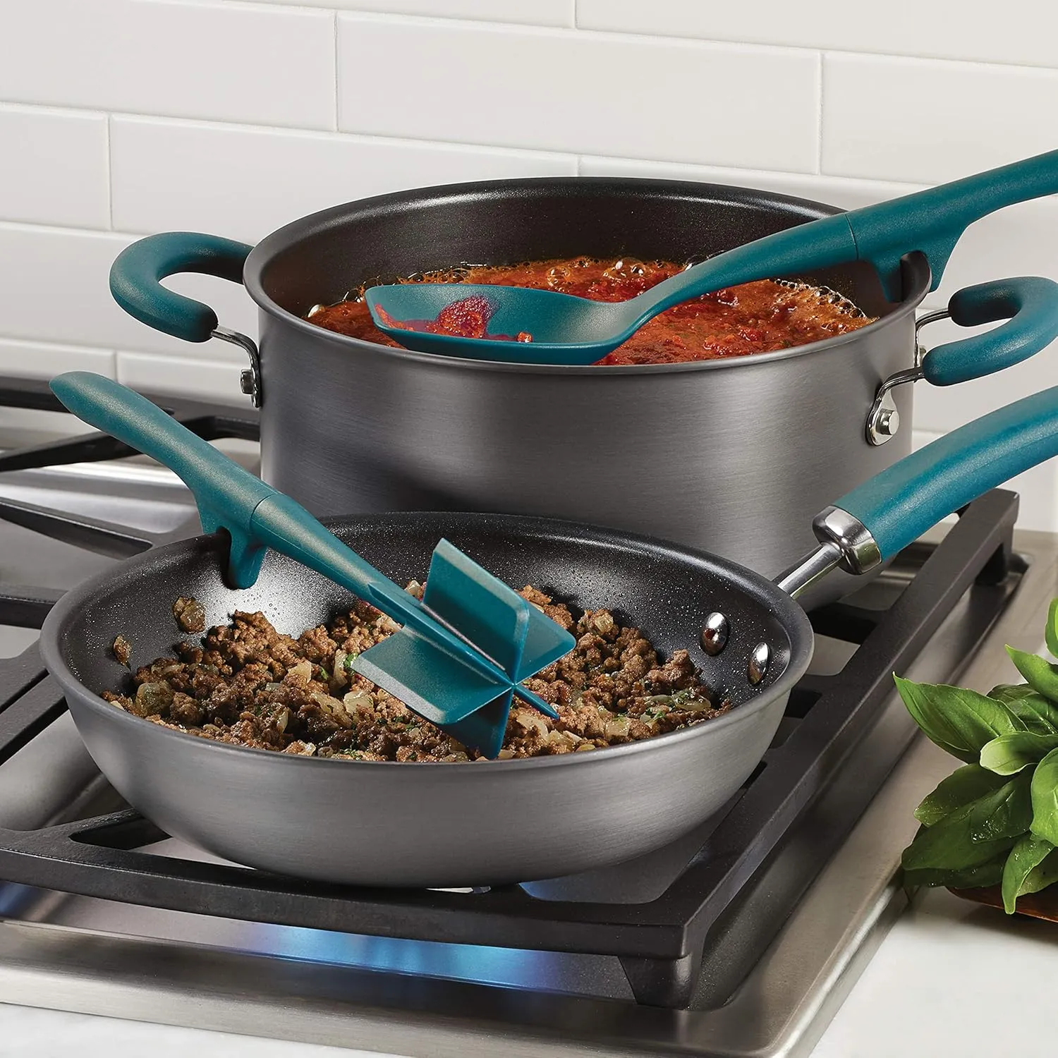 Rachael Ray Tools and Gadgets Lazy Crush & Chop, Flexi Turner, and Scraping Spoon Set / Cooking Utensils - 3 Piece, Teal Blue