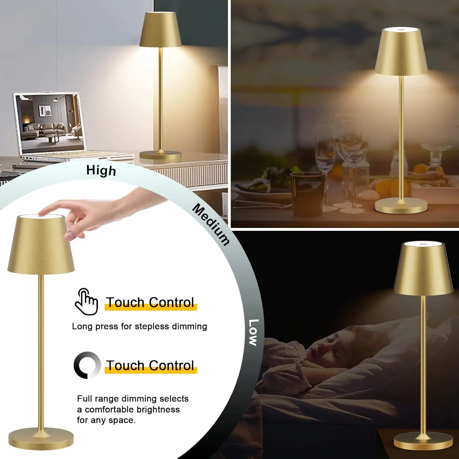 Ralaby IP54 Cordless Table Lamps Portable Rechargeable Battery Operated Lamp, Modern Aluminum Dimmable Indoor and Outdoor Cordless Lamp,Desk Lamp for/Restaurant/Bar/Cafe/Bedroom (2 Pack,Gold,4800mAh)