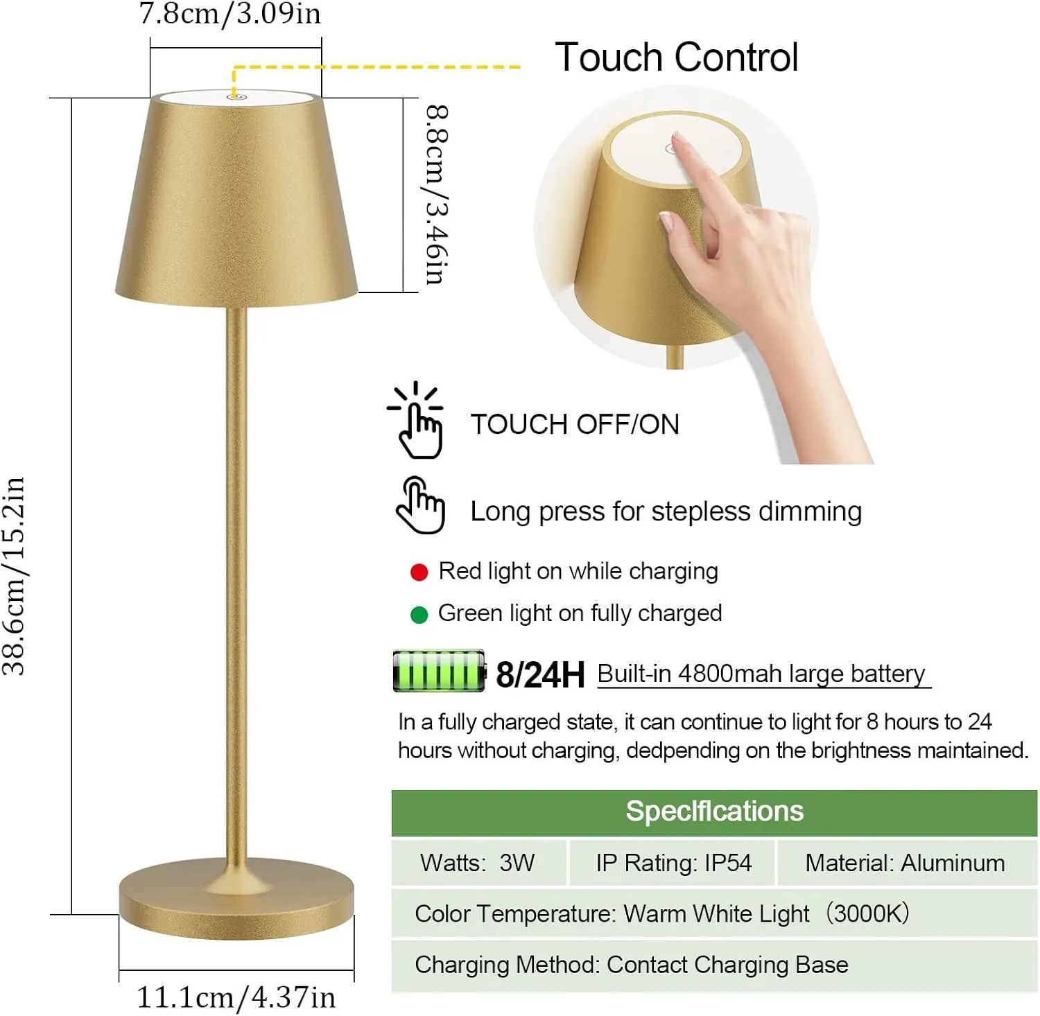 Ralaby IP54 Cordless Table Lamps Portable Rechargeable Battery Operated Lamp, Modern Aluminum Dimmable Indoor and Outdoor Cordless Lamp,Desk Lamp for/Restaurant/Bar/Cafe/Bedroom (2 Pack,Gold,4800mAh)