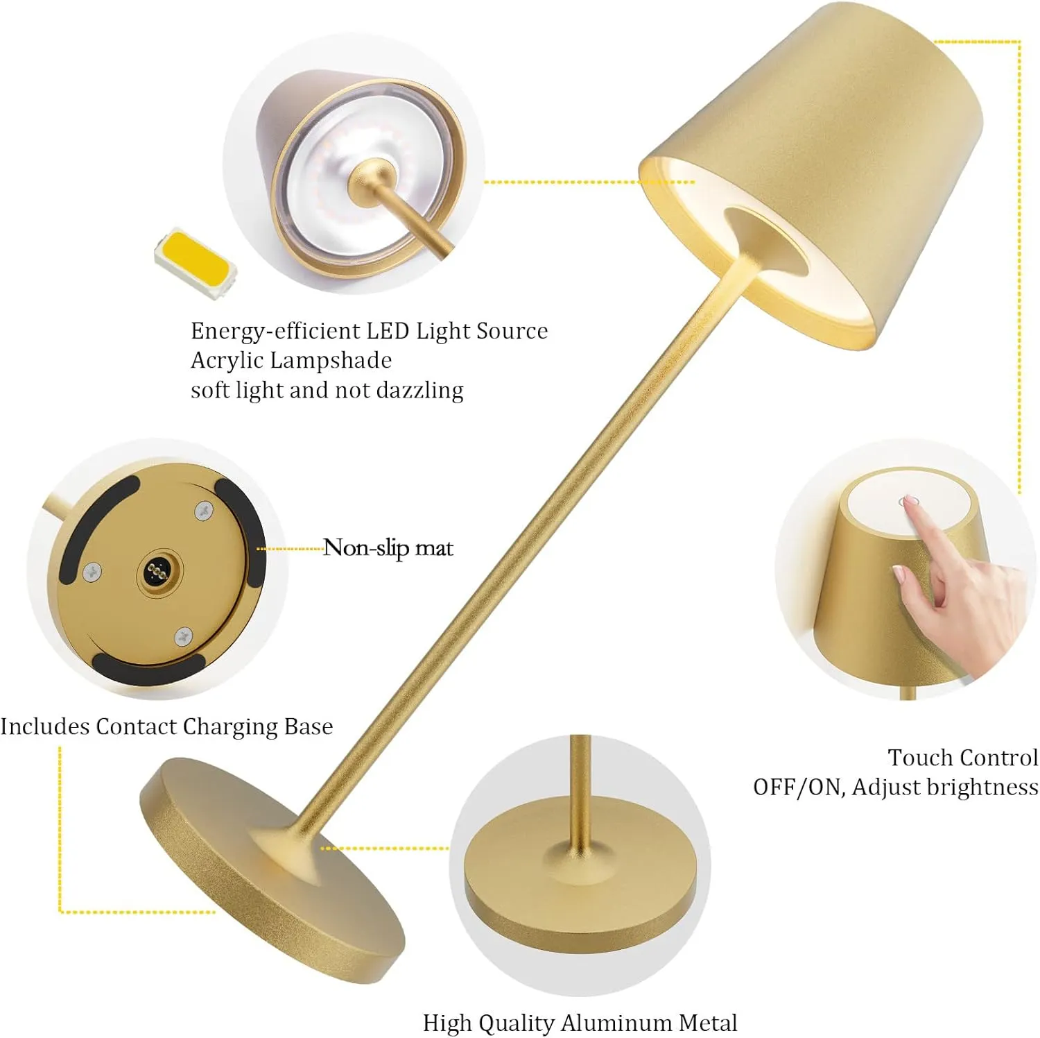 Ralaby IP54 Cordless Table Lamps Portable Rechargeable Battery Operated Lamp, Modern Aluminum Dimmable Indoor and Outdoor Cordless Lamp,Desk Lamp for/Restaurant/Bar/Cafe/Bedroom (2 Pack,Gold,4800mAh)