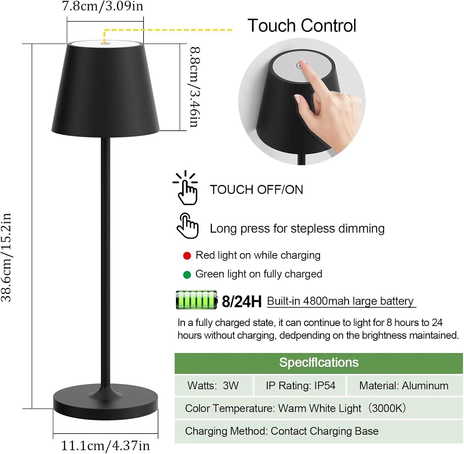Ralbay IP54 Aluminum Cordless Rechargeable Table Lamp LED Modern Battery Operated 4800mAh Waterproof Portable Stepless Dimmable Desk Lamp for Restaurant/Bedroom/Camping/Outdoor (Black)