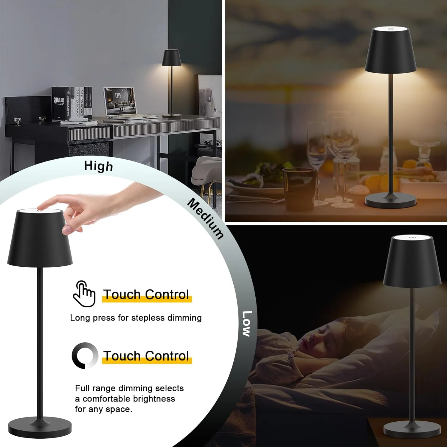 Ralbay IP54 Aluminum Cordless Rechargeable Table Lamp LED Modern Battery Operated 4800mAh Waterproof Portable Stepless Dimmable Desk Lamp for Restaurant/Bedroom/Camping/Outdoor (Black)