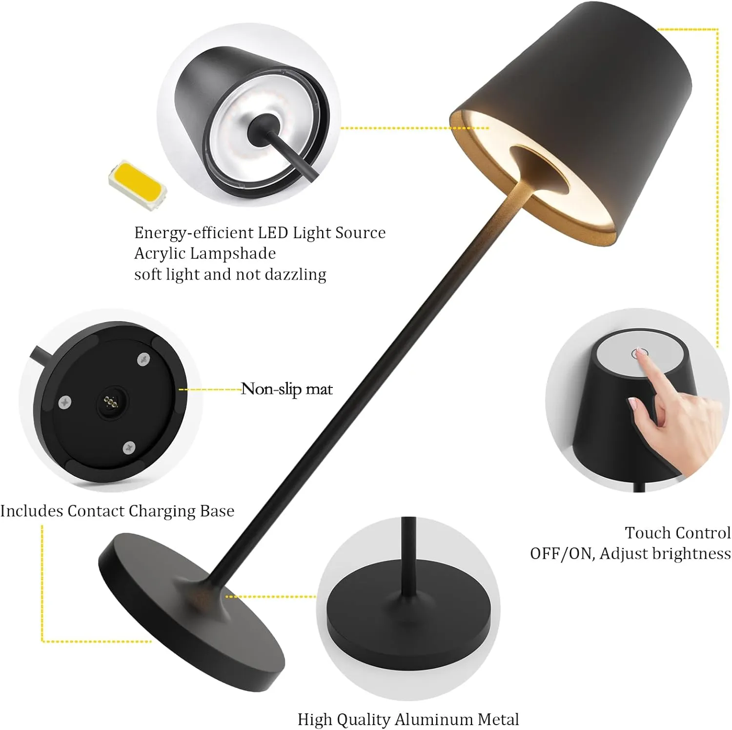 Ralbay IP54 Aluminum Cordless Rechargeable Table Lamp LED Modern Battery Operated 4800mAh Waterproof Portable Stepless Dimmable Desk Lamp for Restaurant/Bedroom/Camping/Outdoor (Black)