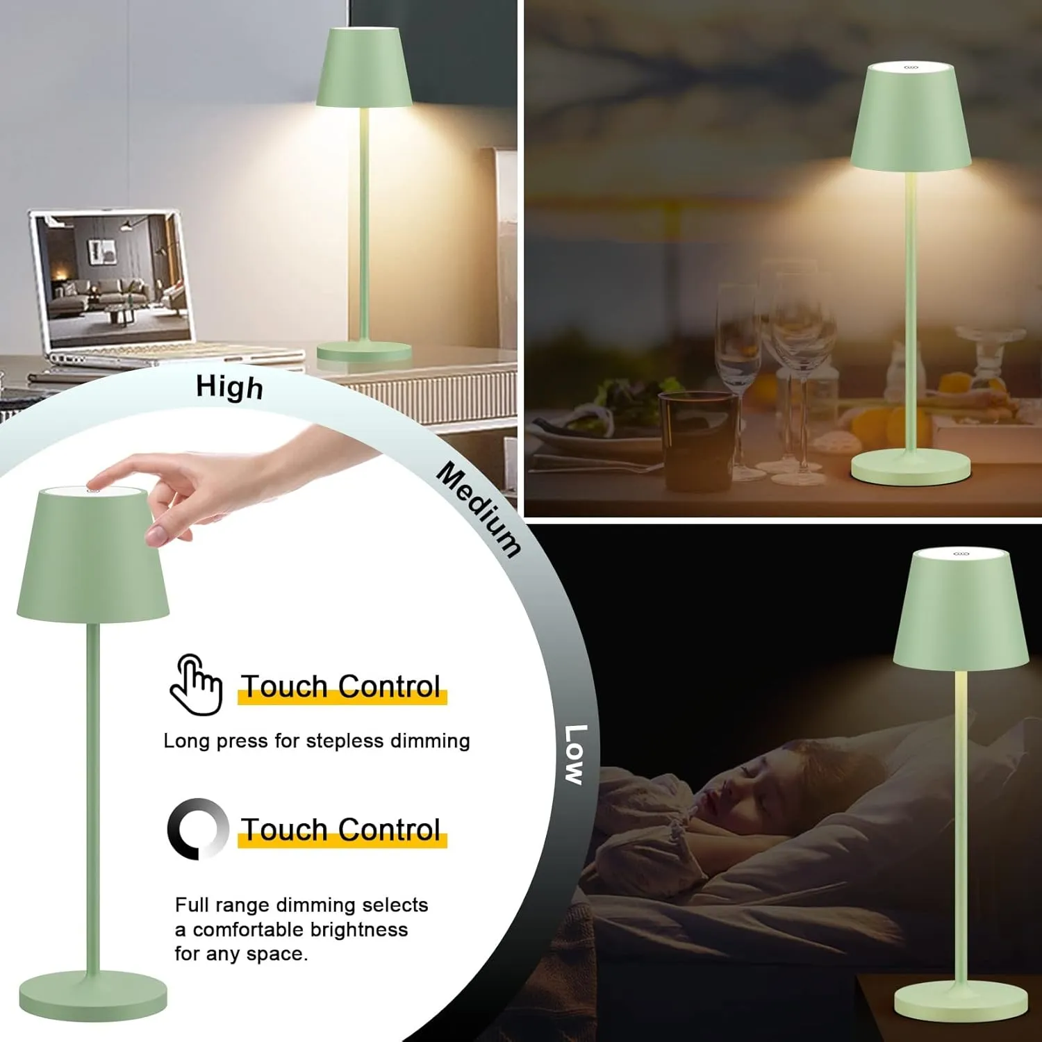 Ralbay IP54 Aluminum Cordless Rechargeable Table Lamp LED Modern Battery Operated 4800mAh Waterproof Portable Stepless Dimmable Desk Lamp for Restaurant/Bedroom/Camping/Outdoor (Green)