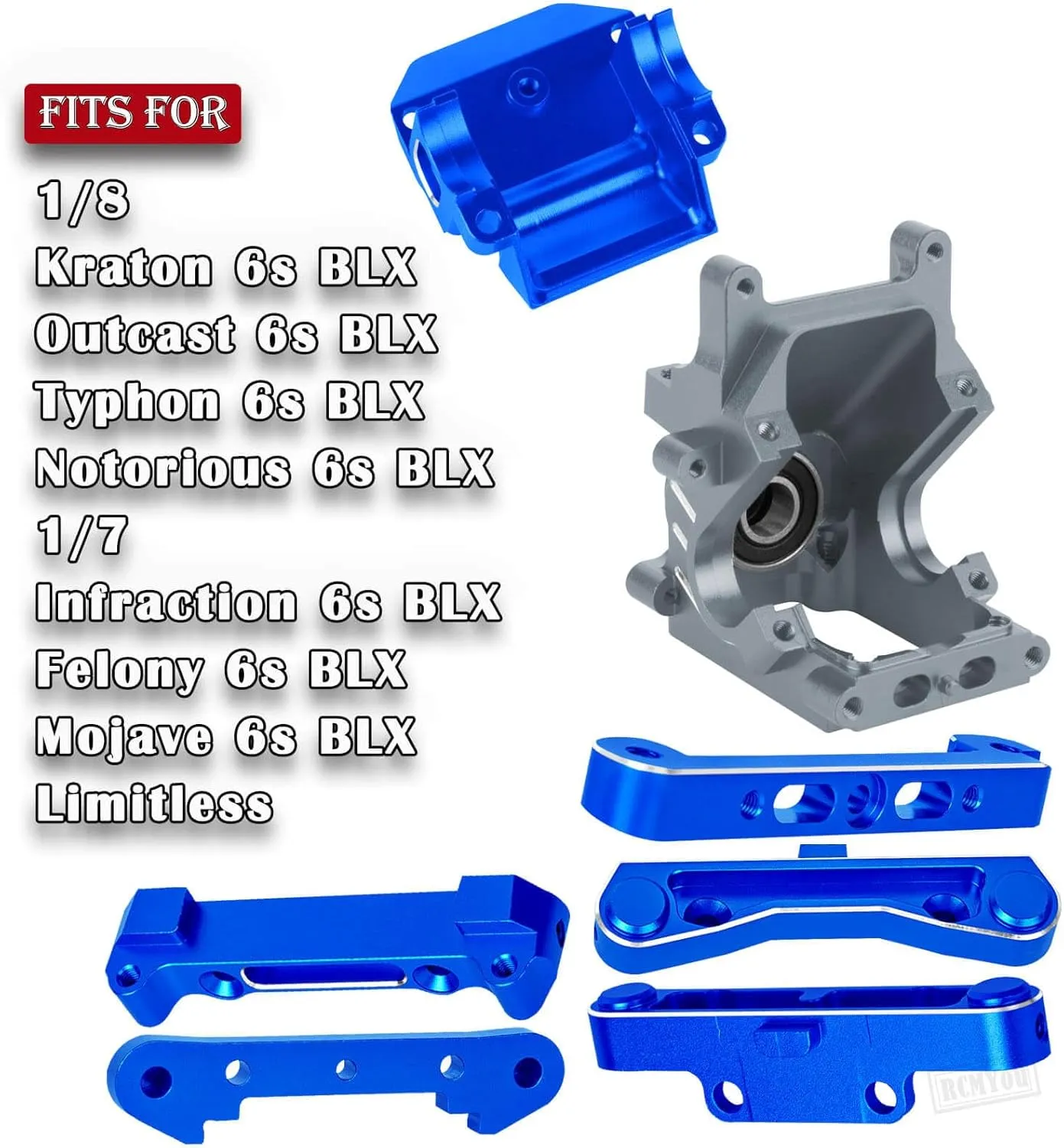 RC Upgrades Part for 1/8 Kraton Outcast Typhon Notorious 6s BLX 1/7 Infraction Felony Mojave 6s BLX Limitless,Aluminum Arm Suspension Mount & Gearbox Case w/43T/13T Diff Gear,Navy Blue