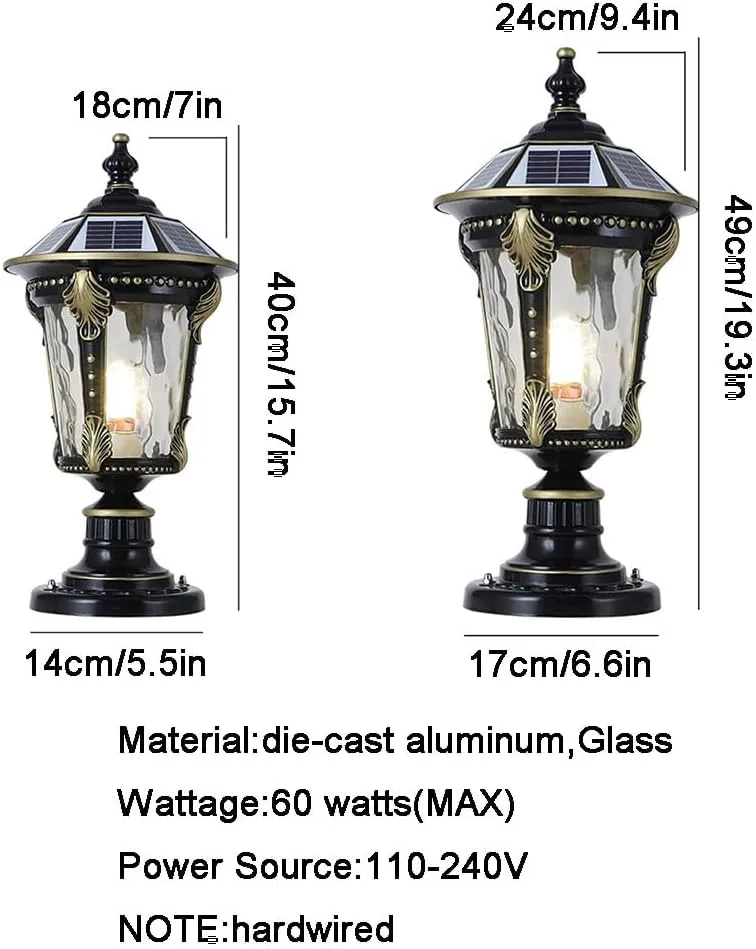 RCIDOS Solar Waterproof Lamp Shade Traditional Column Headlight Outdoor Pillar Head Light Fence Courtyard Lighting Fixture Exterior Post Lantern With Pier Mount Base For Landscape Community Patio Gard