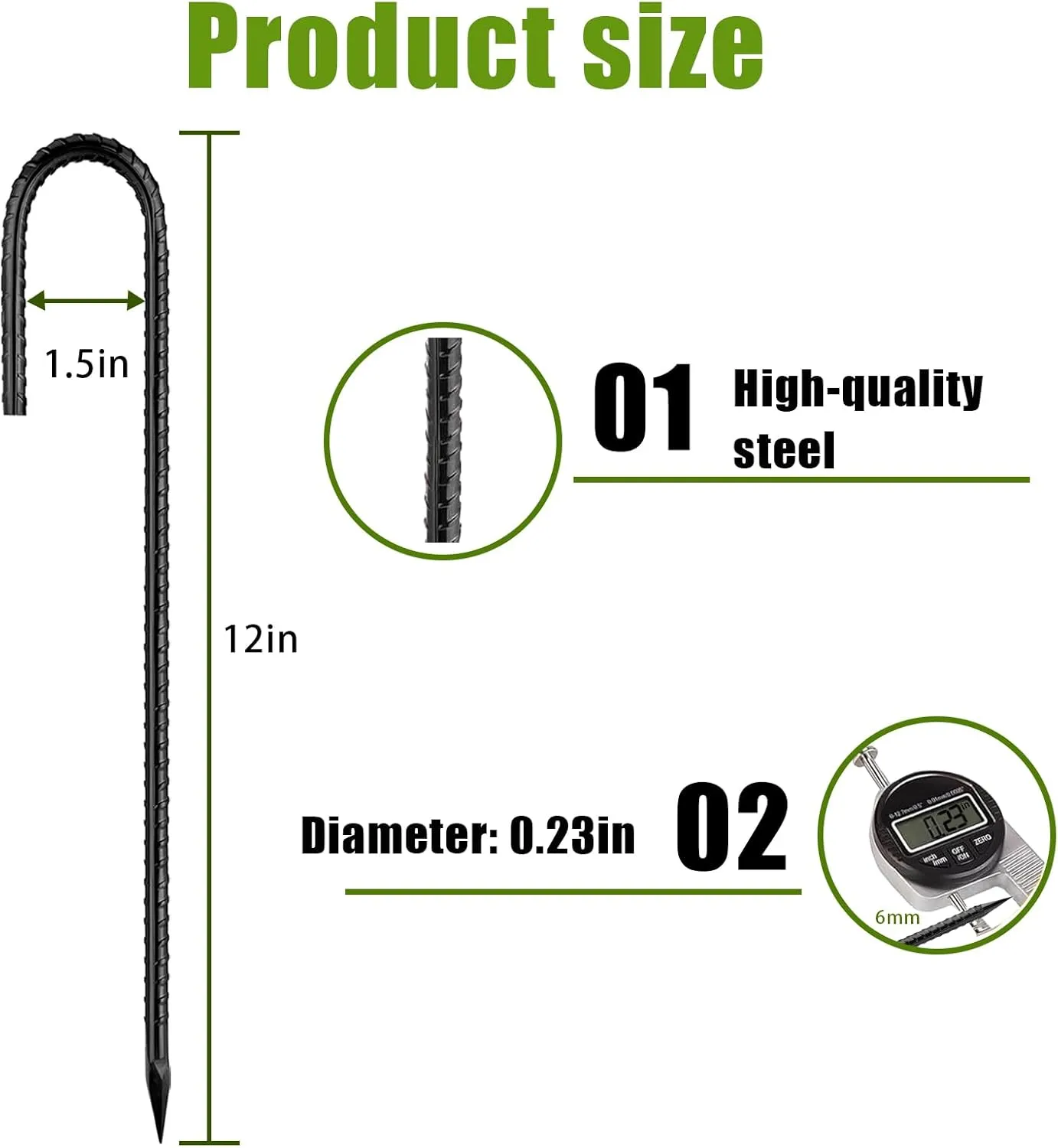 Rebar-Stakes-12Inch,J Hooks Ground Stakes Anchors for Gardening Black Coated Ground Stakes 10pcs Anti-Rust Heavy Duty Dog Fence Fixed Water Pipes Soccer Goals Tent Camping Trampoline
