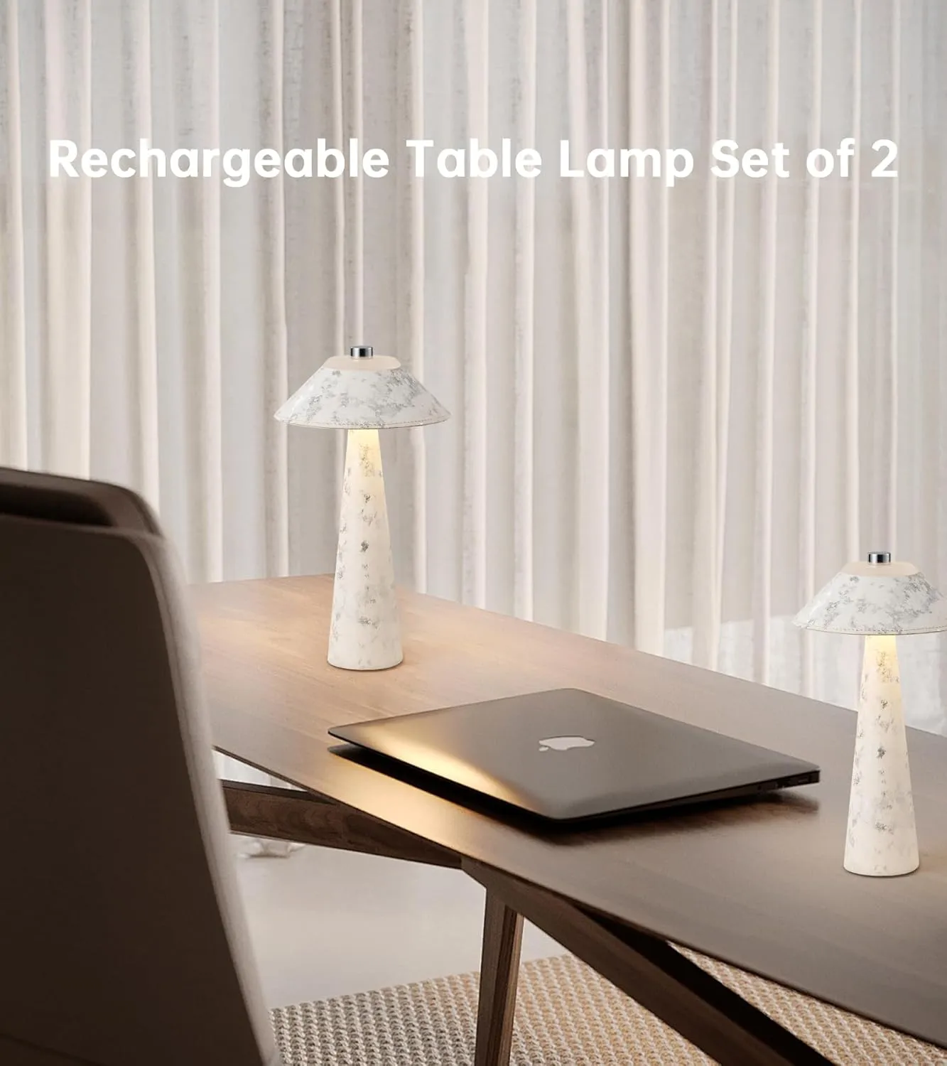 Rechargeable Mushroom Table Lamp Set of 2, Portable Desk Lamp, H11in Battery Operated Bedside Light, Modern Nightstand Light for Bedroom Home Camping Outdoor(White)