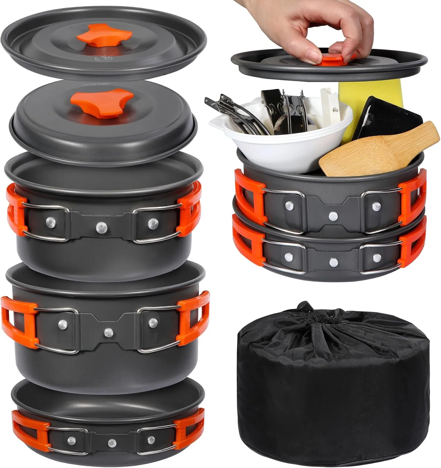REDCAMP 12/14/19 PCS Camping Cookware Mess Kit Camping Gear Campfire Utensils Lightweight Stackable Pot Pan Bowls Soup Spoon with Storage Bag for Camping, Backpacking, Outdoor Cooking, Picnic