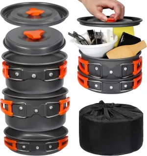 REDCAMP 12/14/19 PCS Camping Cookware Mess Kit Camping Gear Campfire Utensils Lightweight Stackable Pot Pan Bowls Soup Spoon with Storage Bag for Camping, Backpacking, Outdoor Cooking, Picnic
