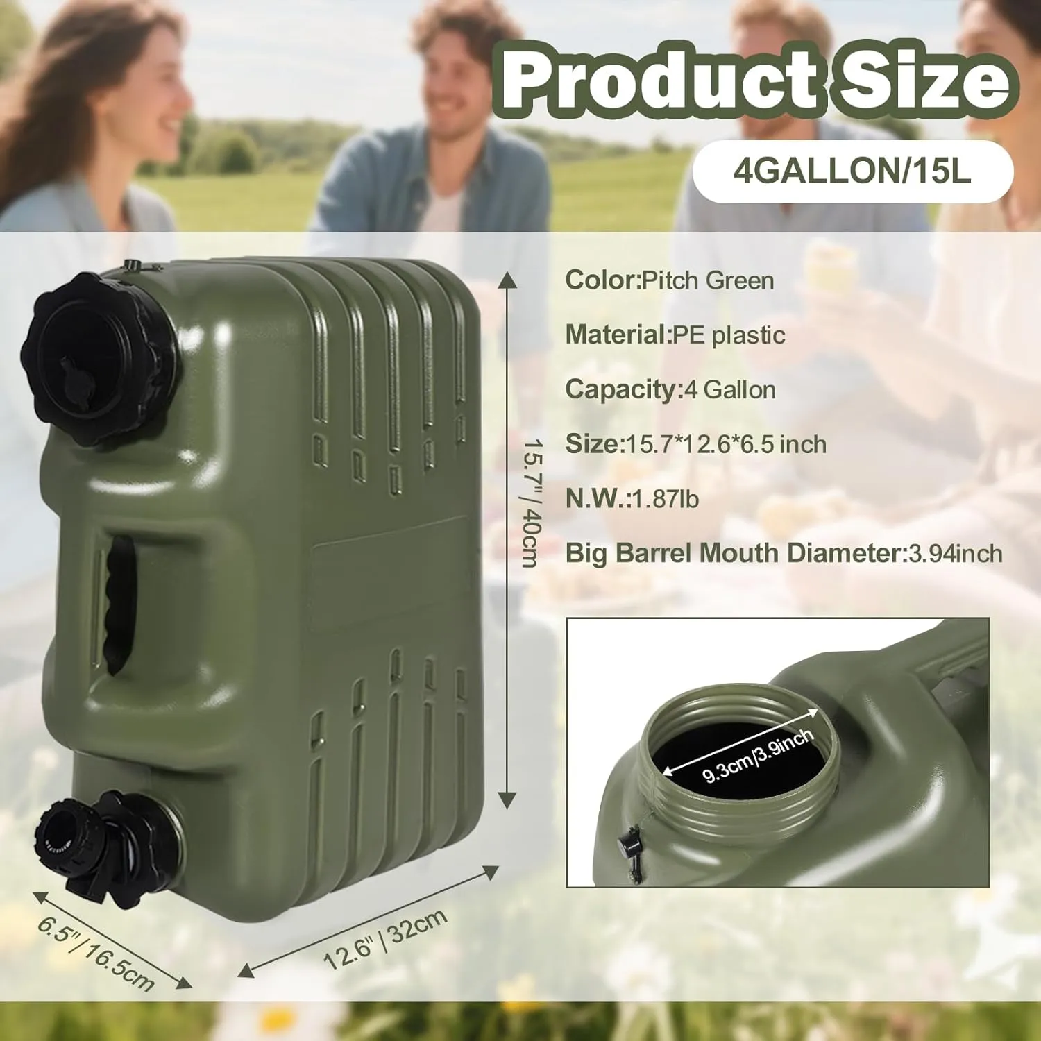 REDCAMP 4 Gallon/15L Portable Water Container with Spigot, Camping Water Jug for Camping, Emergency, Hiking & Car. Green