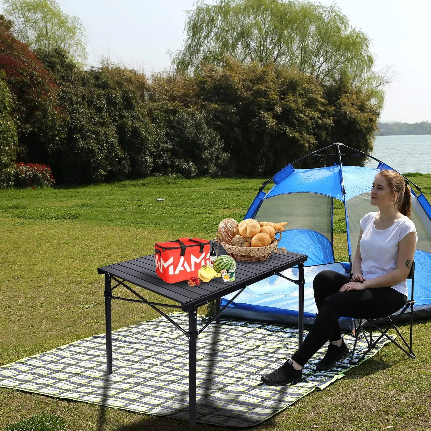 REDCAMP Roll Up Camping Tables That Fold Up, Lightweight Portable Compact Metal Camp Table for Grill Outdoor Picnic, Black Long