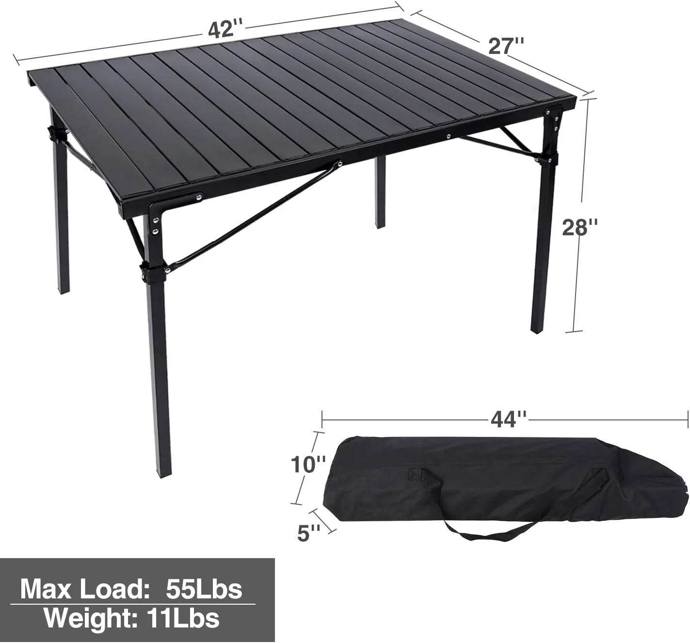 REDCAMP Roll Up Camping Tables That Fold Up, Lightweight Portable Compact Metal Camp Table for Grill Outdoor Picnic, Black Long