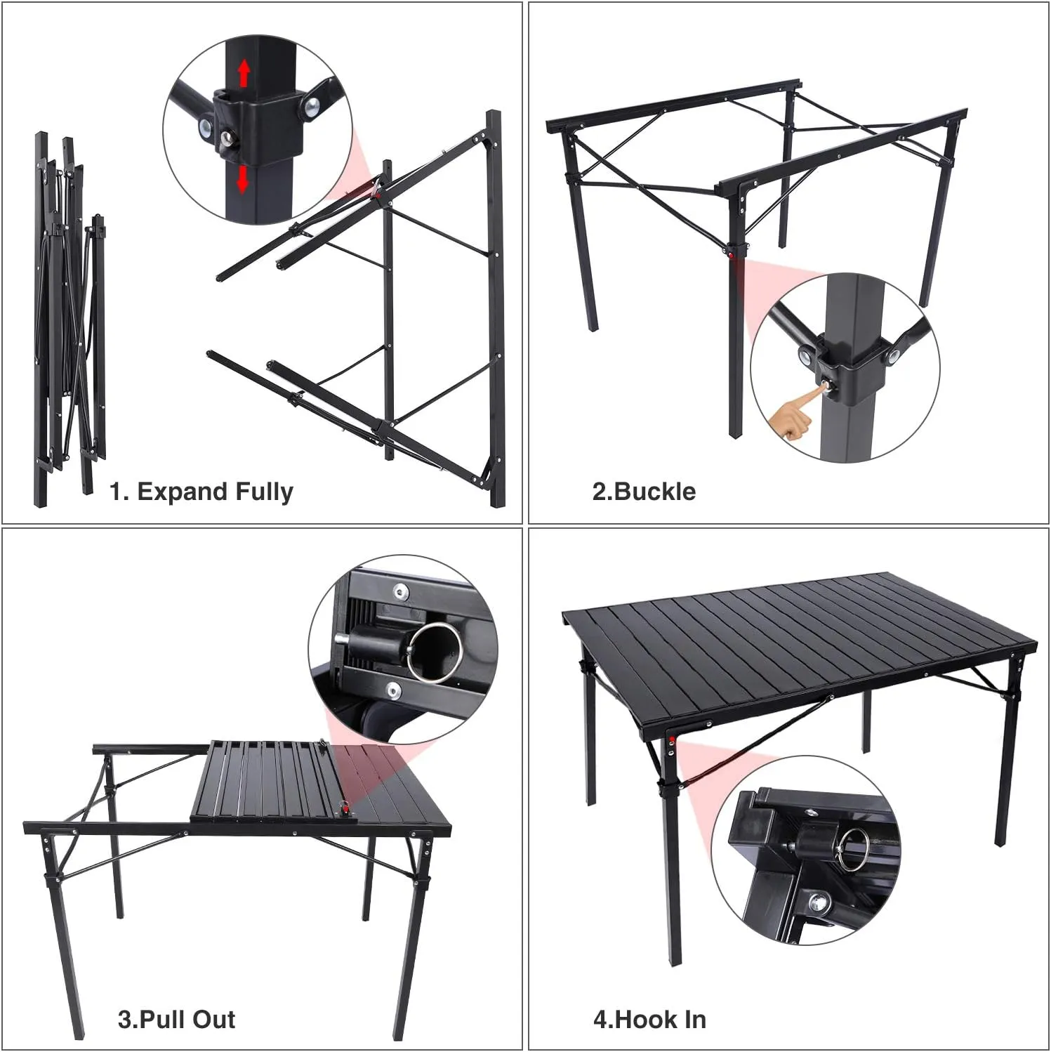 REDCAMP Roll Up Camping Tables That Fold Up, Lightweight Portable Compact Metal Camp Table for Grill Outdoor Picnic, Black Long