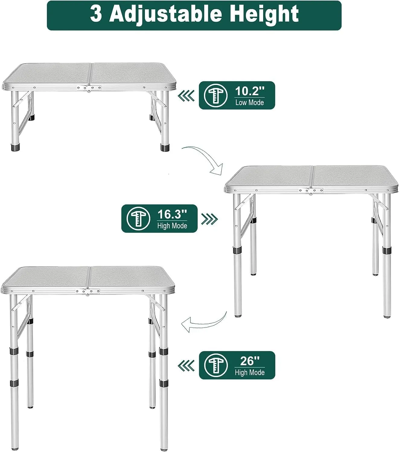 REDCAMP Small Camping Table 2 Foot, Portable Aluminum Folding Table Adjustable Height Lightweight for Picnic Beach Outdoor Indoor, White 24 x 16 inch (3 Heights)