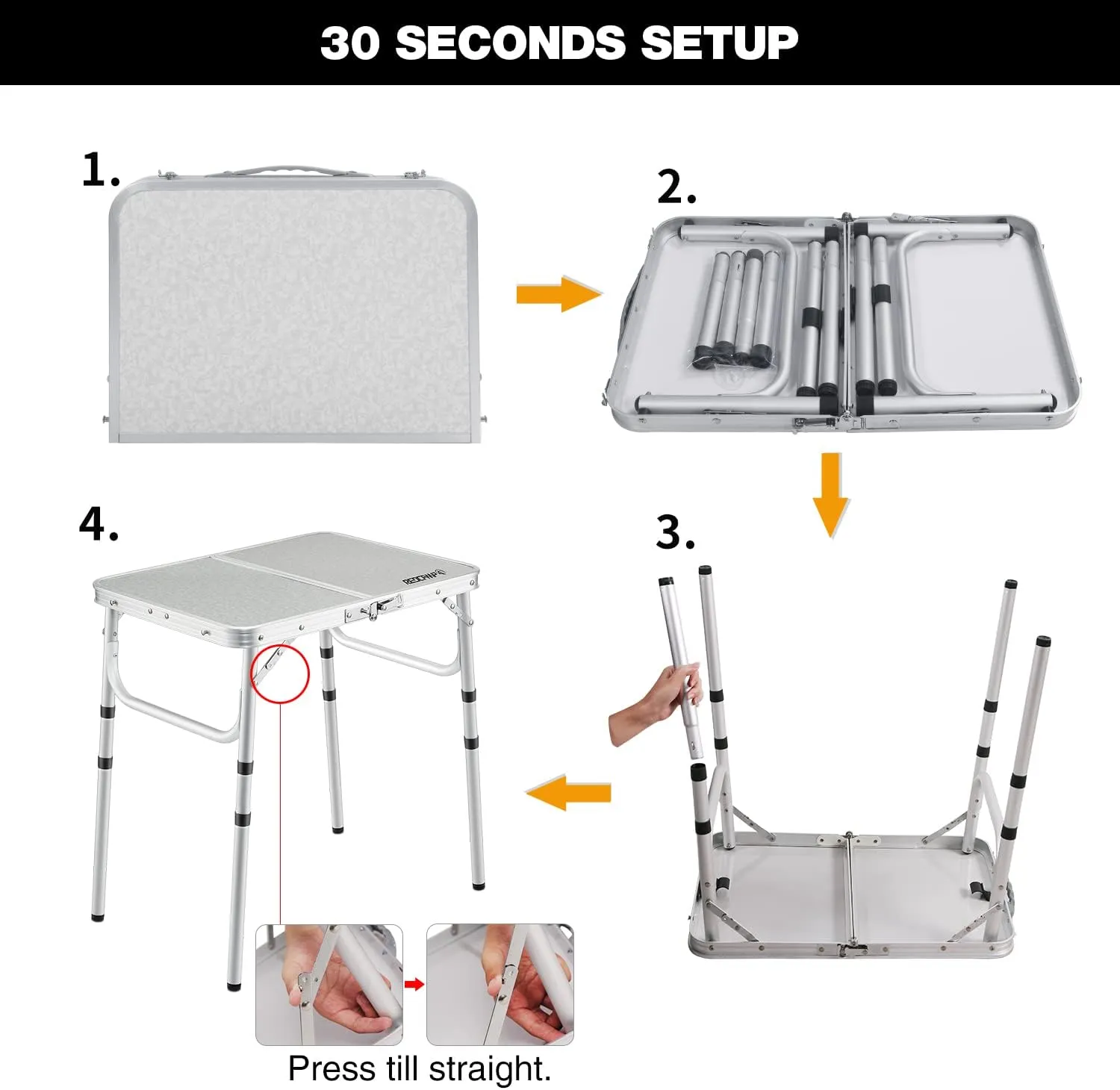 REDCAMP Small Camping Table 2 Foot, Portable Aluminum Folding Table Adjustable Height Lightweight for Picnic Beach Outdoor Indoor, White 24 x 16 inch (3 Heights)