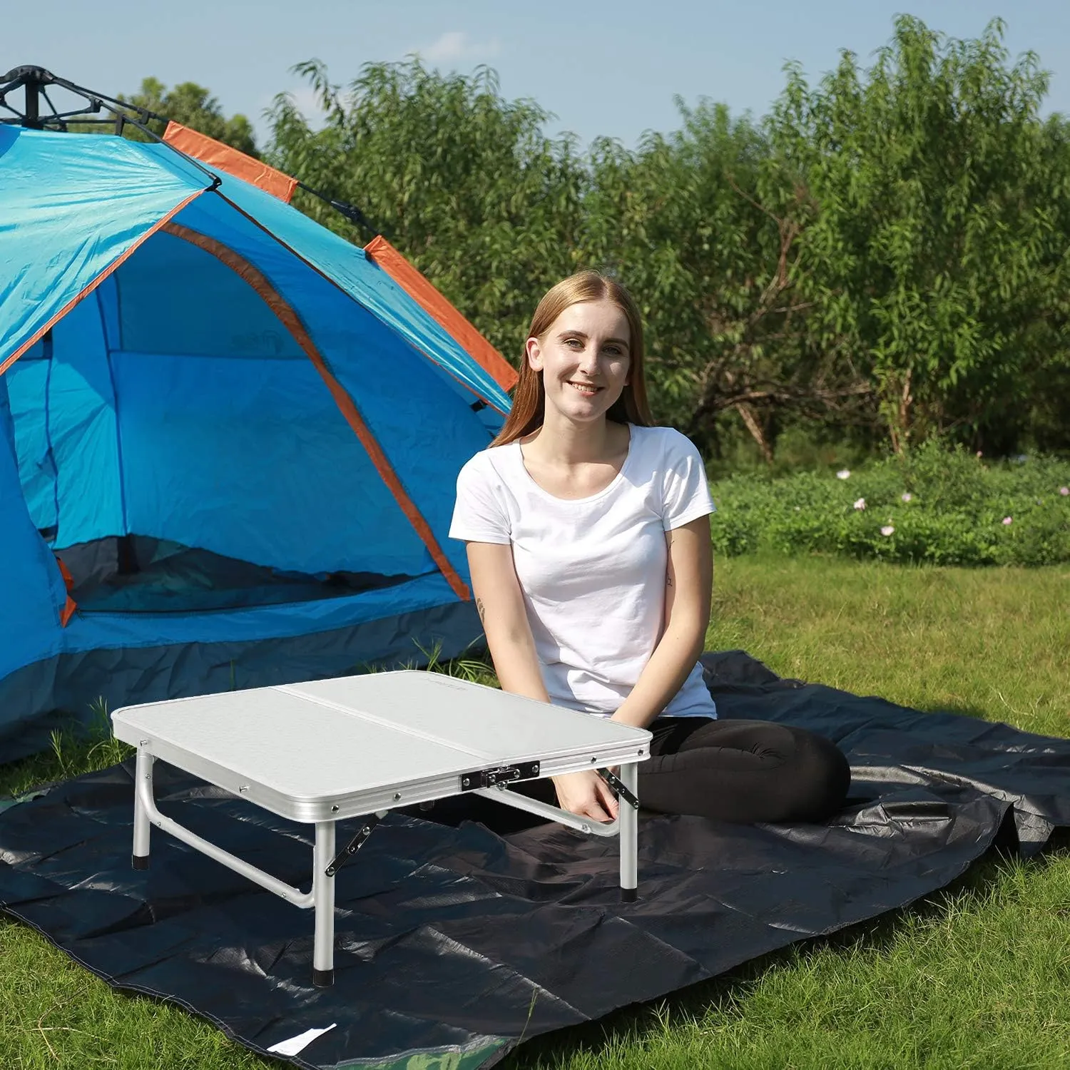 REDCAMP Small Square Folding Table 2 Foot Adjustable Height, Portable Aluminum Camping Table Lightweight for Picnic Beach Outdoor Indoor, White 24 x 24 inch