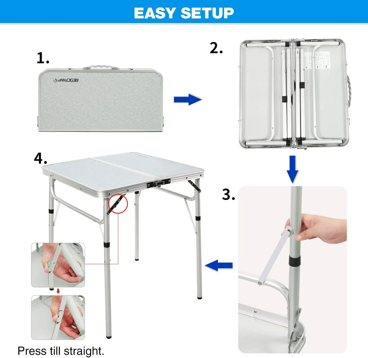 REDCAMP Small Square Folding Table 2 Foot Adjustable Height, Portable Aluminum Camping Table Lightweight for Picnic Beach Outdoor Indoor, White 24 x 24 inch