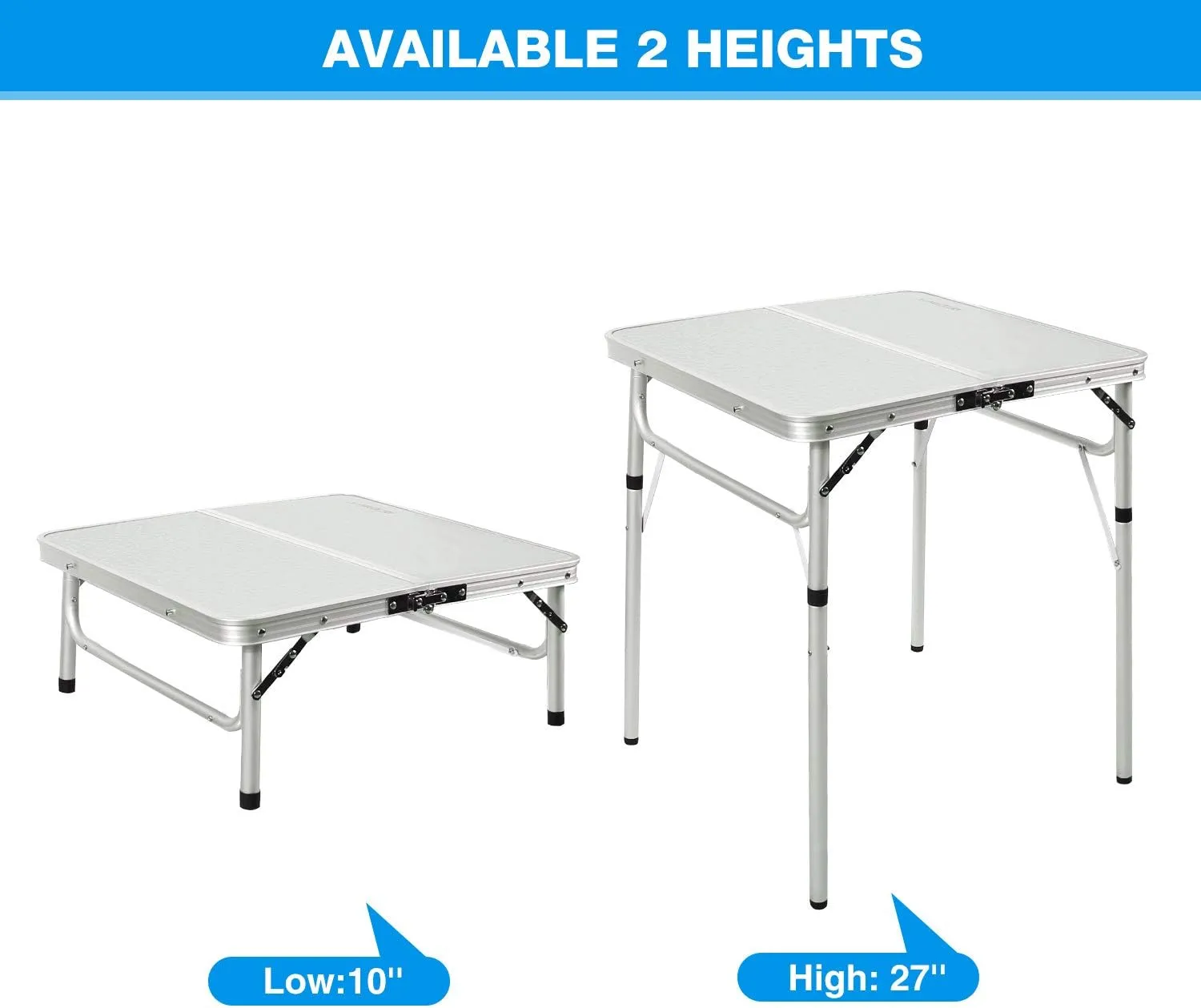 REDCAMP Small Square Folding Table 2 Foot Adjustable Height, Portable Aluminum Camping Table Lightweight for Picnic Beach Outdoor Indoor, White 24 x 24 inch