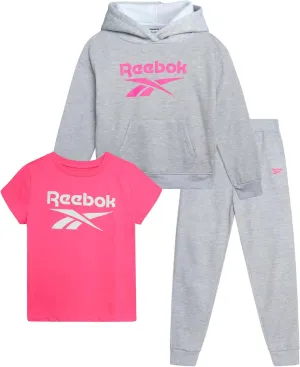 Reebok Girls' Activewear Set - 3 Piece Stylish Graphic T-Shirt, Fleece Pullover Hoodie, and Jogger Sweatpants (Size: 4-12)