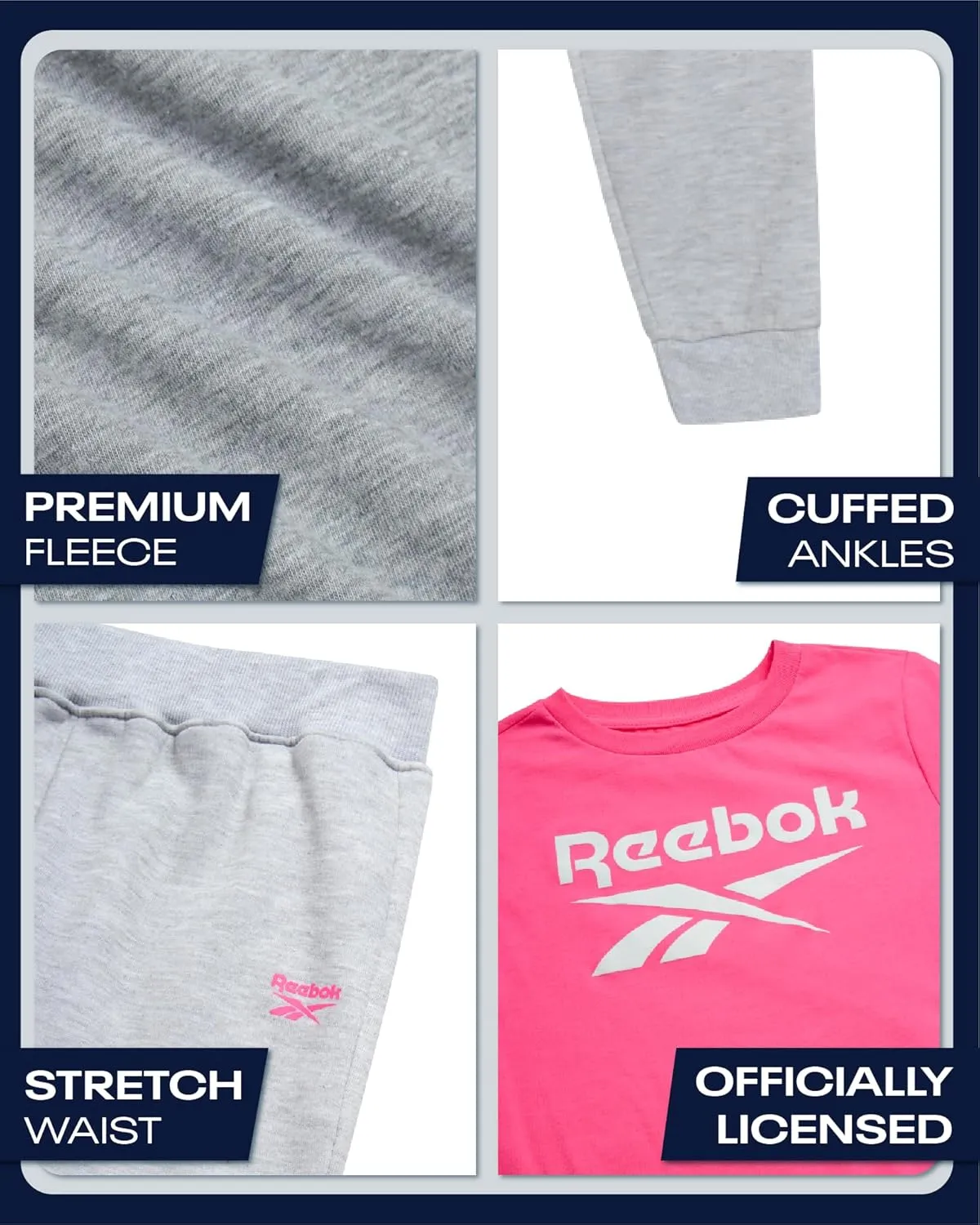 Reebok Girls' Activewear Set - 3 Piece Stylish Graphic T-Shirt, Fleece Pullover Hoodie, and Jogger Sweatpants (Size: 4-12)