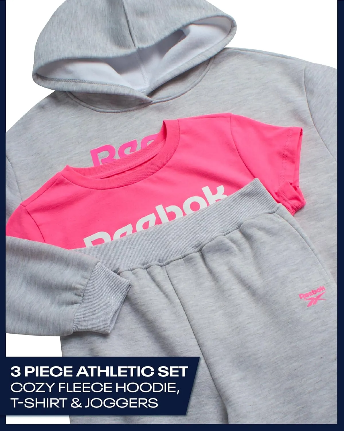 Reebok Girls' Activewear Set - 3 Piece Stylish Graphic T-Shirt, Fleece Pullover Hoodie, and Jogger Sweatpants (Size: 4-12)