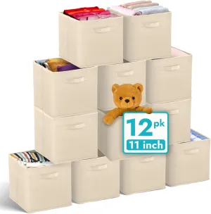Reli. 11 Inch Cube Storage Bins (12 Pack) | Cube Organizer Bins | 11x11 Fabric Storage Boxes | Collapsible, Foldable Fabric Cubby Box (Square) | Kids Room Organization (Beige)